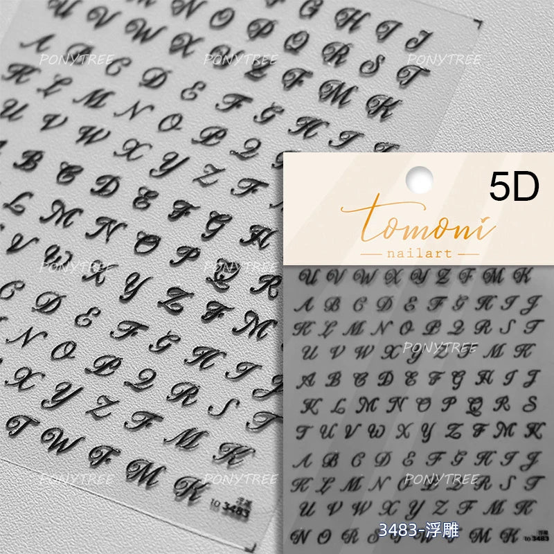 Romantic White Black Capital English Letters Chic Gold Punk Colorful Stamp Word 3D Self Adhesive Nail Art Sticker Manicure Decal (ONLINE ORDER ONLY)