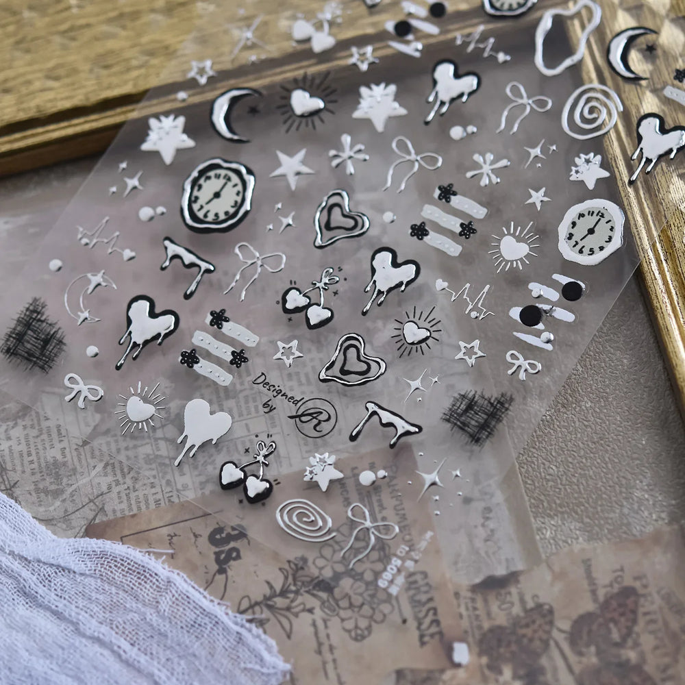 Silver Star Moon Clock Watch Cherry Love Heart Bowknot Gird Irregular Lines Dot Liquid Lava Nail Art Stickers Manicure Decals (ONLINE ORDER ONLY)