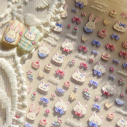 Cream Wind Cat Rabbit Kitten Bunny Bowknot Flower Butterfly Cake Cherry Tulip 5D Self Adhesive Nail Art Stickers Manicure Decals (Online Order Only)