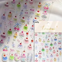 Colorful Food Pudding Alkali Water Bowknot Cream Fork Cup Bread Jelly Fruit Cartoon Cake Relief Nail Art Sticker Manicure Decals (ONLINE ORDER ONLY)