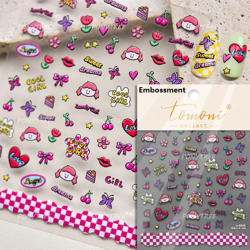 Lovely Pink Red Cherry Fruit Love Heart Star Lucky Letter Bowknot Romantic Adhesive Nail Art Stickers Rhinestone Manicure Decals (Online Order Only)