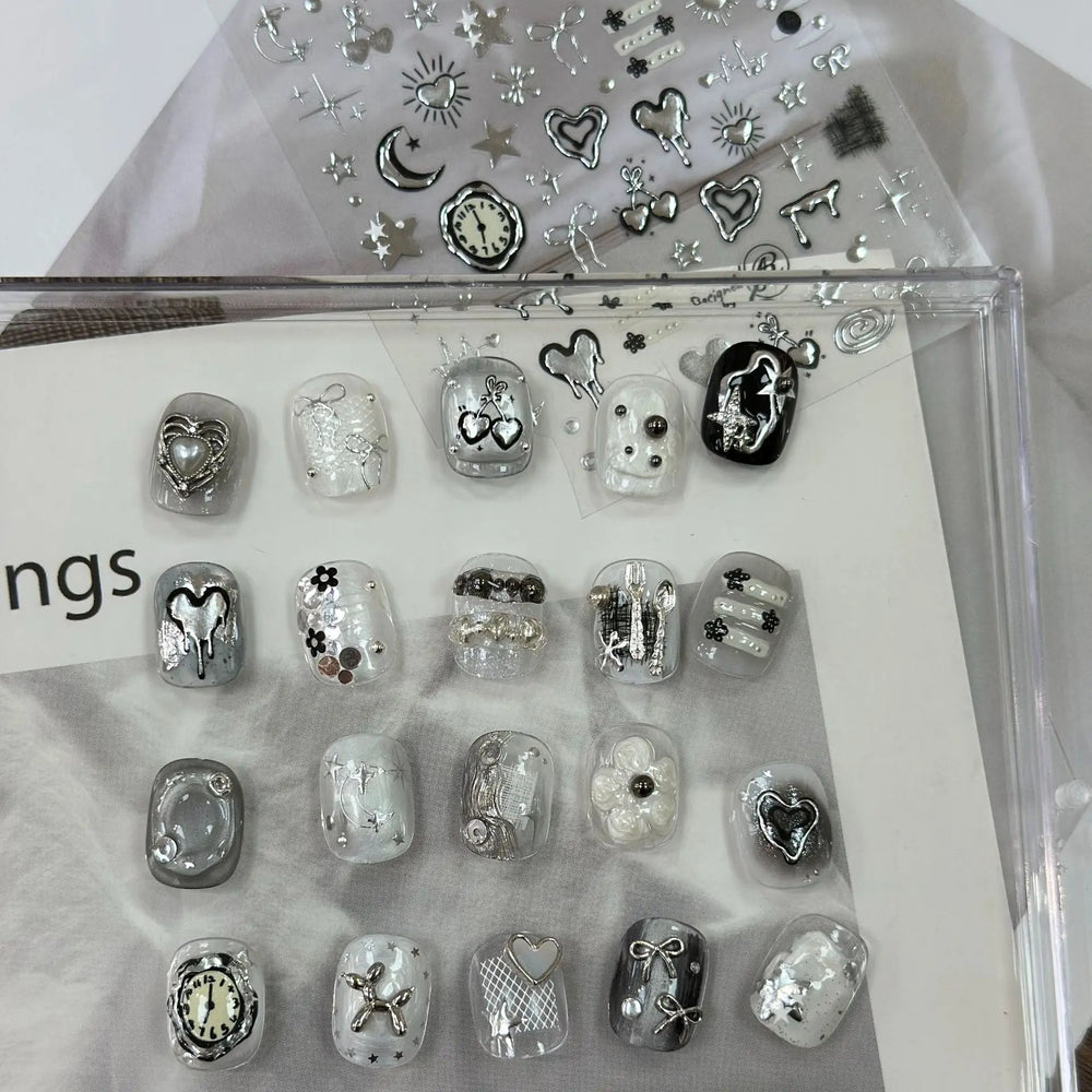Silver Star Moon Clock Watch Cherry Love Heart Bowknot Gird Irregular Lines Dot Liquid Lava Nail Art Stickers Manicure Decals (ONLINE ORDER ONLY)