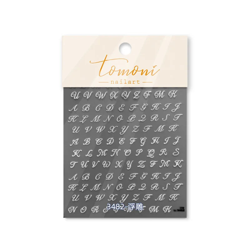 Romantic White Black Capital English Letters Chic Gold Punk Colorful Stamp Word 3D Self Adhesive Nail Art Sticker Manicure Decal (ONLINE ORDER ONLY)