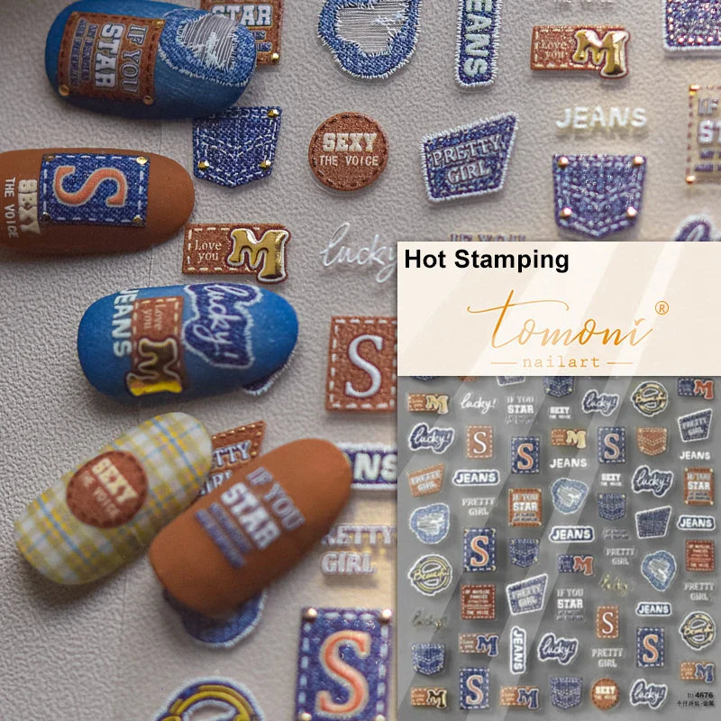 Round Jeans Square Sexy Blue Series Cowboy Lucky Beautiful Letter Self Adhesive Nail Art Sticker Pearl Rhinestone Manicure Decal (ONLINE ORDER ONLY)