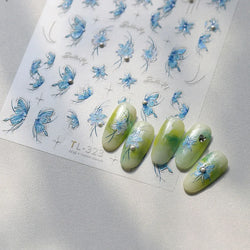 Chic Butterfly Flower Lily Lilium Narcissus Line Beautiful Blue Pearl Self Adhesive Nail Art Stickers Decorations Manicure Decal (Online Order Only)