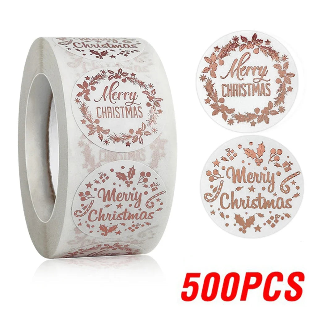 100-500pcs Rose Gold Merry Christmas Stickers Self-adhesive Holiday Stickers For Christmas Decors Wedding Party Cards Label (Online Order Only)