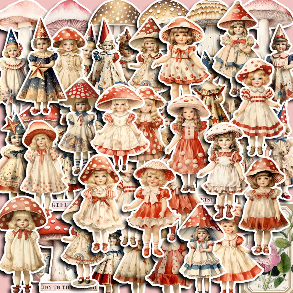 10/30/50pcs Cute Retro Mushroom Head Girl Cartoon Stickers Decals Notebook Laptop Phone Suitcase Stationery Sticker Kids Toys (ONLINE ORDER ONLY)