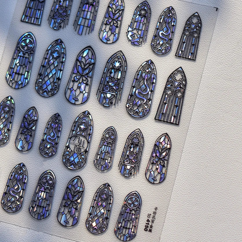 Retro Shiny Glazed Rococo Flower Window Dreamy Butterfly Geometric Frame Stamp Embossed Reliefs Nail Art Stickers Manicure Decal (Online Order Only)