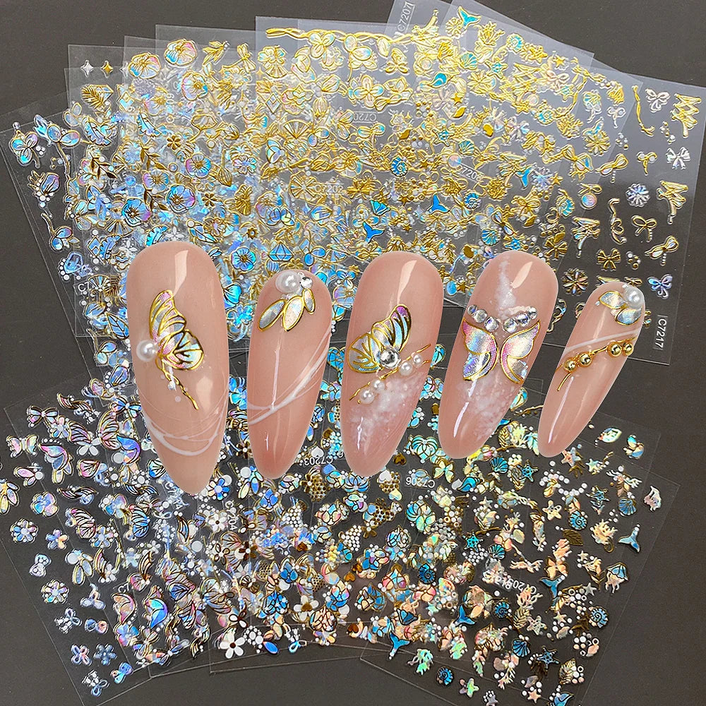 20Pcs Holographic Butterfly Nail Sticker Laser Gold & Sliver Butterfly Adhesive Decal 8.5x6cm 3D Glitter Foil DIY Manicure Decor (Online Order Only)