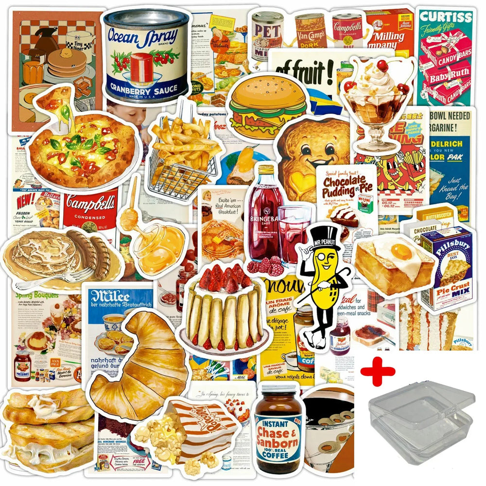 50pcs Retro Food Graffiti Stickers for Helmet, Wall, DIY Decoration with Storage Box (Online Order Only)
