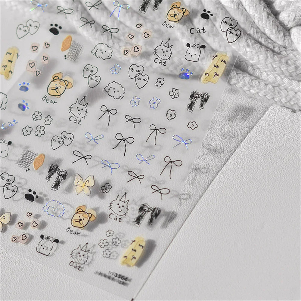 1pcs Cute Sketching Graffiti Animal Cat Dog Rabbit Bear Laser Nail Art Sticker Designs Self Adhesive Decoration Decal Acessories (ONLINE ORDER ONLY)