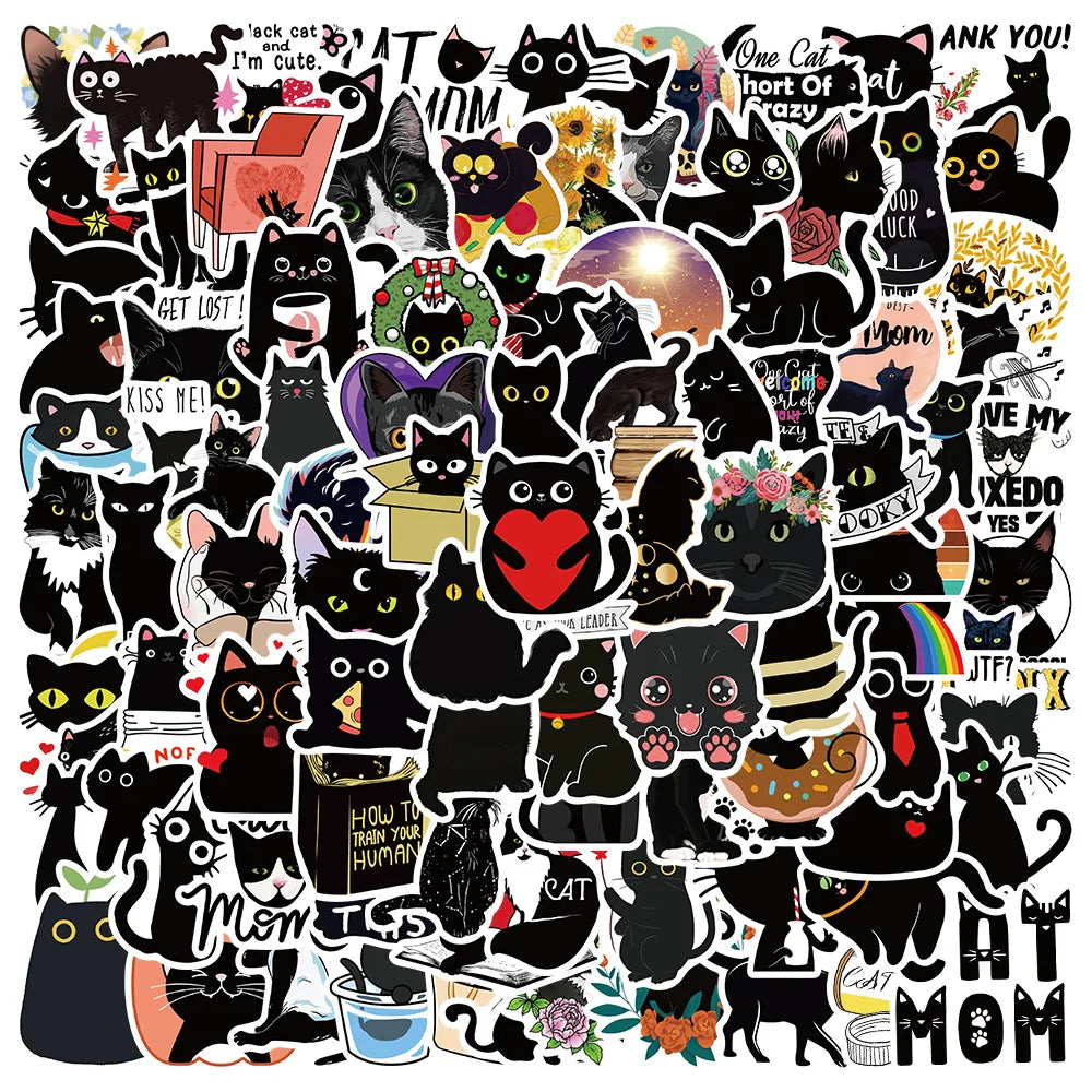 50/100pcs Cute Cartoon Black Cat Animal Stickers For Kids Waterproof Graffiti Phone Guitar Water Bottle Laptop Decals (ONLINE ORDER ONLY)