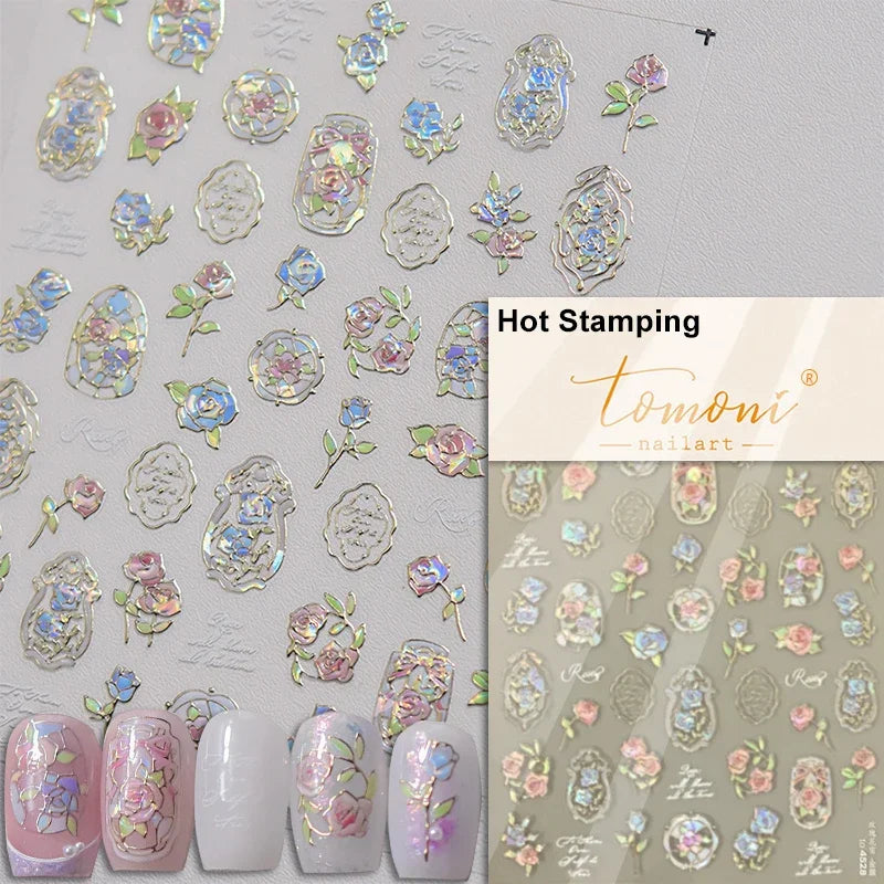 Romantic Candle Holder Lace Rambler Rose Pink Flower Bowknot Candlestick Ribbon Adhesive Nail Art Stickers Shiny Manicure Decals (ONLINE ORDER ONLY)