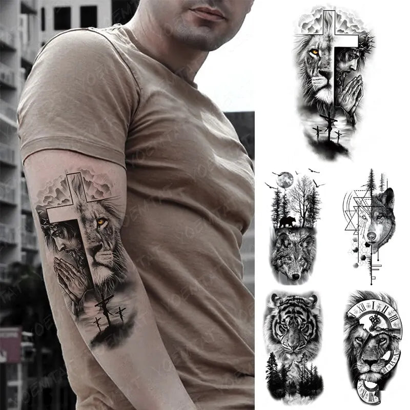 5PCS Waterproof Temporary Tattoo Sticker Praying Cross Lion Tiger Wolf Cross Wild Animal Women Men Arm Fake Sleeve Tattoos (ONLINE ORDER ONLY)