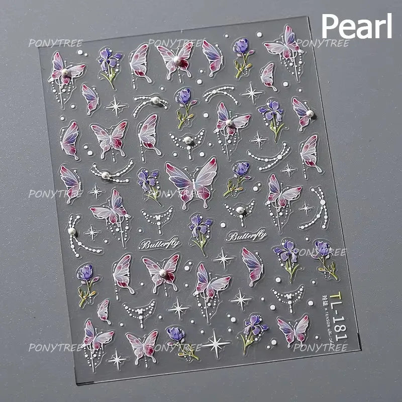 Green Blue Glass Butterfly Lily Flowers Star Line Water Droplet Charming Shiny Self Adhesive Nail Art Stickers Manicure Decals (ONLINE ORDER ONLY)