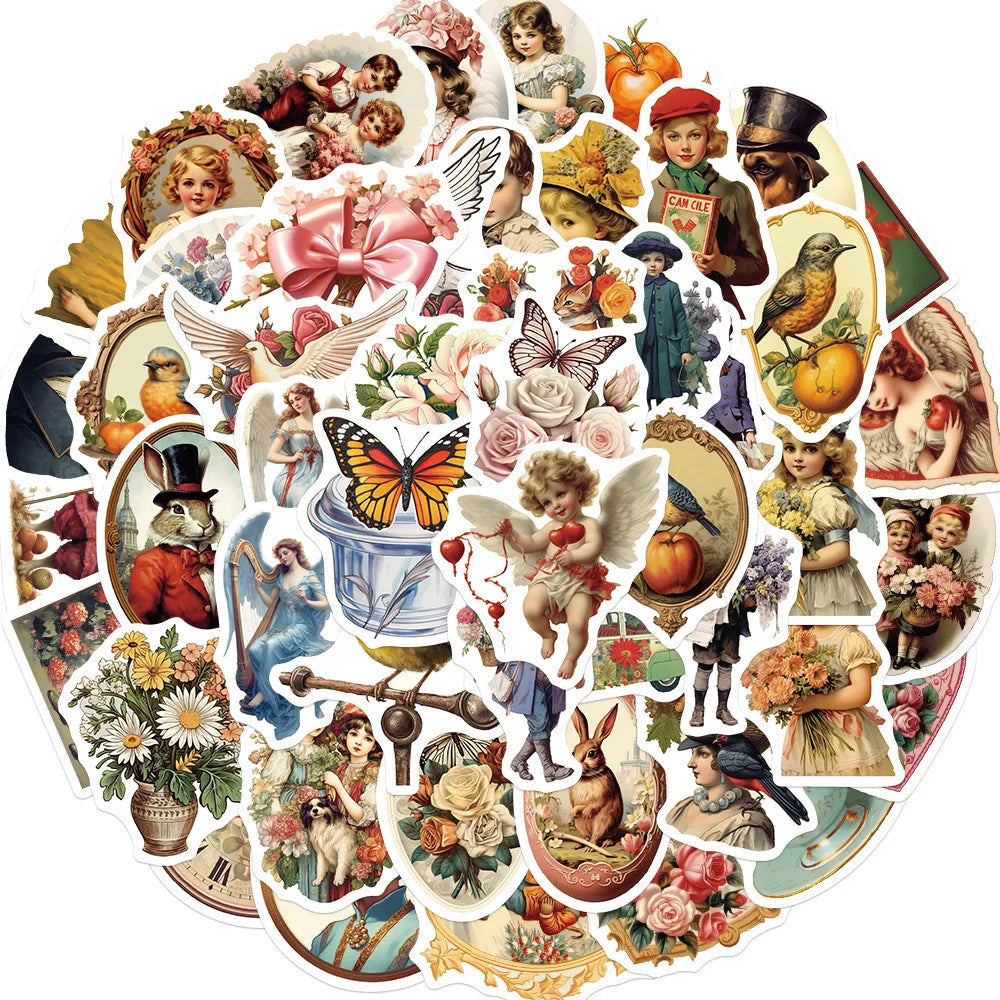 10/30/50PCS Vintage Old Times Cartoon Stickers Victorian Cute Angel Decals Suitcase Scrapbook Phone Laptop DIY Waterproof Toys (ONLINE ORDER ONLY)