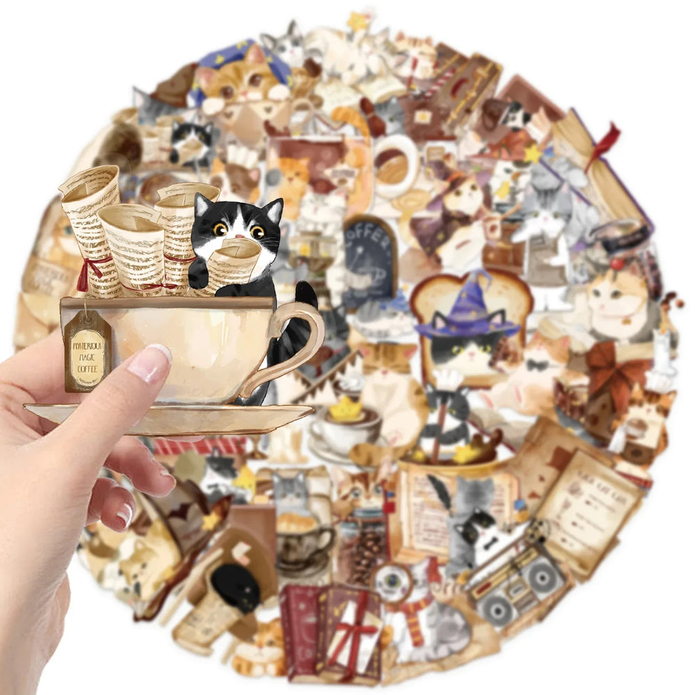 10/30/50PCS Cartoon Magic Stickers Cat Coffee Transparent Sticker DIY Toy Scrapbook Luggage Laptop Guitar Bike Graffiti Decals (ONLINE ORDER ONLY)