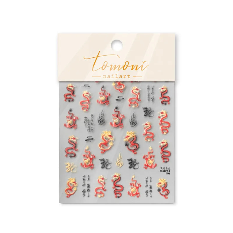 Retro Embroidered Dragon Red Pink Blue White Porcelain Chinese 3D Embossed Relief Self Adhesive Nail Art Stickers Manicure Decal (ONLINE ORDER ONLY)