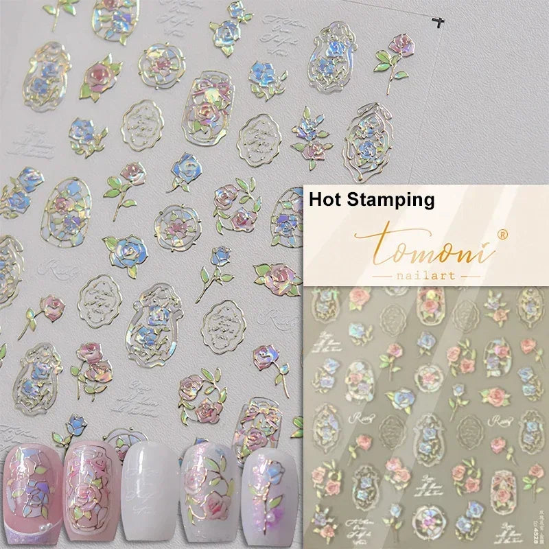 Gradient Coloredful Flower Petal Green Leaf Dreamy Shiny Chinese Rose Fantasy Relief Adhesive Nail Art Stickers Manicure Decals (Online Order Only)