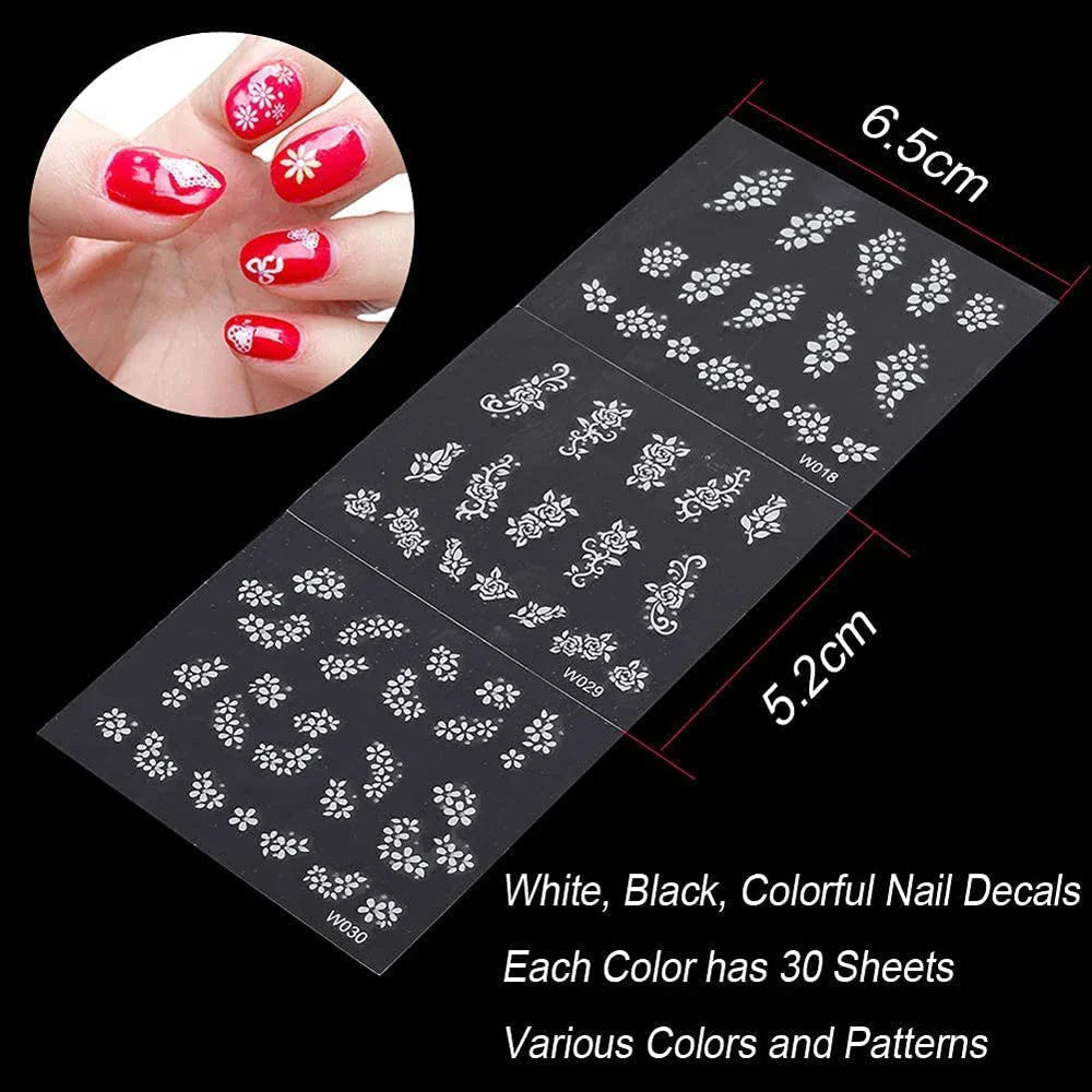 30 Sheet 3D Flower Nail Stickers Decals 6.5*5cm Transparent White Floral Leaf Butterflies Heart Nail Art Adhesive Strip Supplies (ONLINE ORDER ONLY)