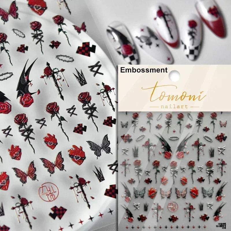 Cat Eye Halloween Terror Spider Cross Rose Love Heart Flower Snake Web Candy Bunny Thrilling Nail Art Stickers Manicure Decals (Online Order Only)
