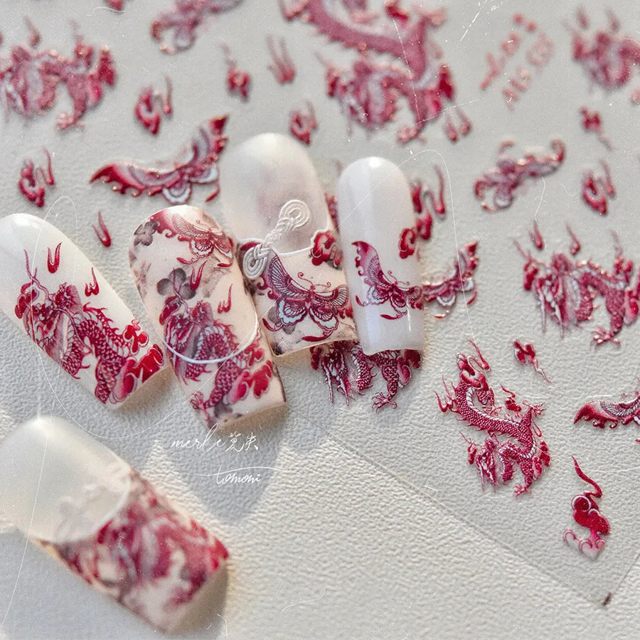 Retro Embroidered Dragon Red Pink Blue White Porcelain Chinese 3D Embossed Relief Self Adhesive Nail Art Stickers Manicure Decal (ONLINE ORDER ONLY)