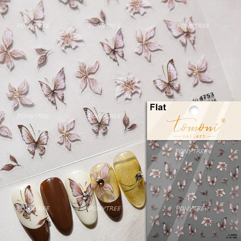 Blue Purple Tulip Flower Butterfly Garden Blossom Floral Charming Delicate 5D Relief Adhesive Nail Art Stickers Manicure Decals (ONLINE ORDER ONLY)