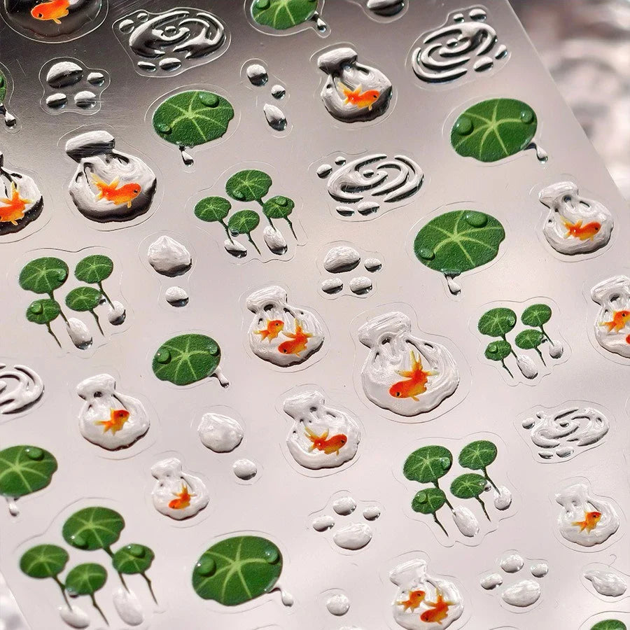 Lotus Flower Leaf Goldfish Ripple Wavelet Water Droplet Lotus Pond Brocaded Carp Self Adhesive Nail Art Stickers Manicure Decals (Online Order Only)
