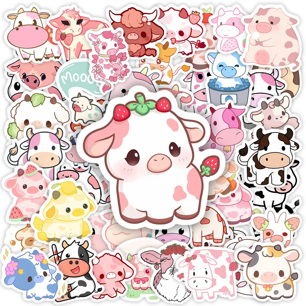 Kawaii Cute Cartoon Pink Cow Stickers DIY Gift Decorative Graffiti Decal for Phone Luggage Laptop Bottle Scrapbook Waterproof (ONLINE ORDER ONLY)
