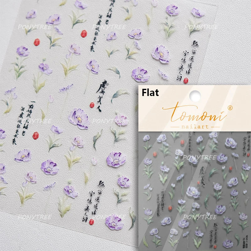 Vibrant and Lively Pullulate Purple Blue Snow Orchid Flower Garden Springtime Adhesive Nail Art Sticker Chic 3D Manicure Decals (Online Order Only)