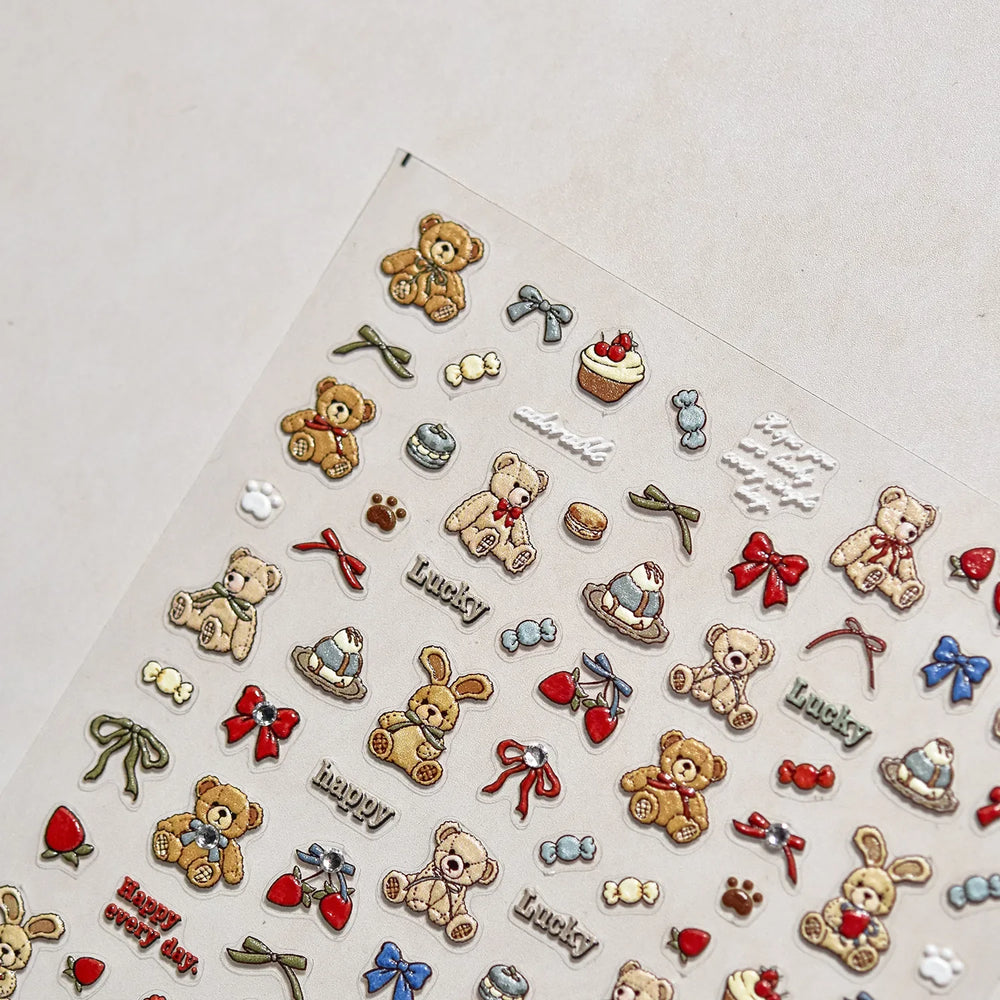Charm Retro Bear Candy Cake Bowknot Rabbit Bunny Strawberry Footprint Muffin 3D Adhesive Nail Art Stickers Chic Manicure Decals (ONLINE ORDER ONLY)