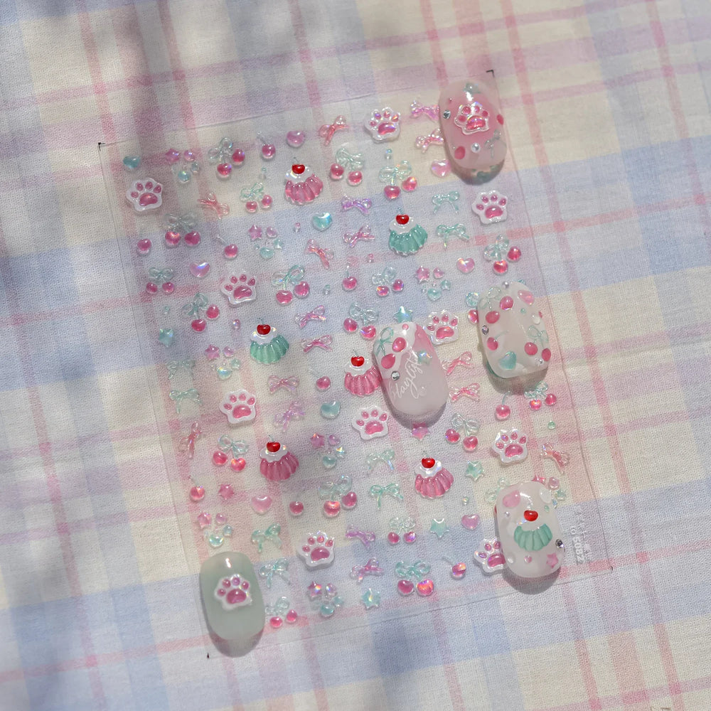 Colored Shiny Jelly Claw Paw Pudding Dessert Cherry Bowknot Cake Bow Tie Drink Food Love Heart Nail Art Sticker Manicure Decal (ONLINE ORDER ONLY)