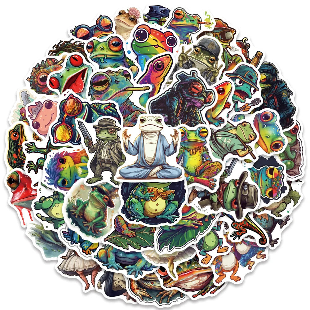 50pcs Funny Colorful Cartoon Trippy Frogs Stickers Vinyl Laptop Phone Decals Guitar Luggage Diary Car Waterproof Graffiti (ONLINE ORDER ONLY)