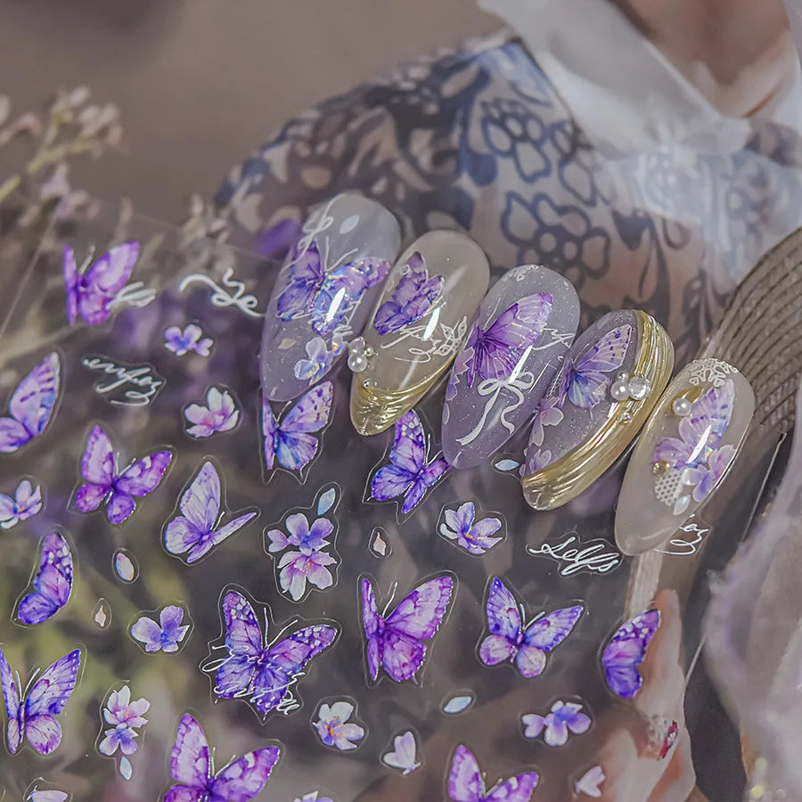 Delicate Tender Purple Butterfly Seal Pattern Insect Shiny Golden Stroke Nail Art Decoration Sticker Dressy Laser Manicure Decal (ONLINE ORDER ONLY)