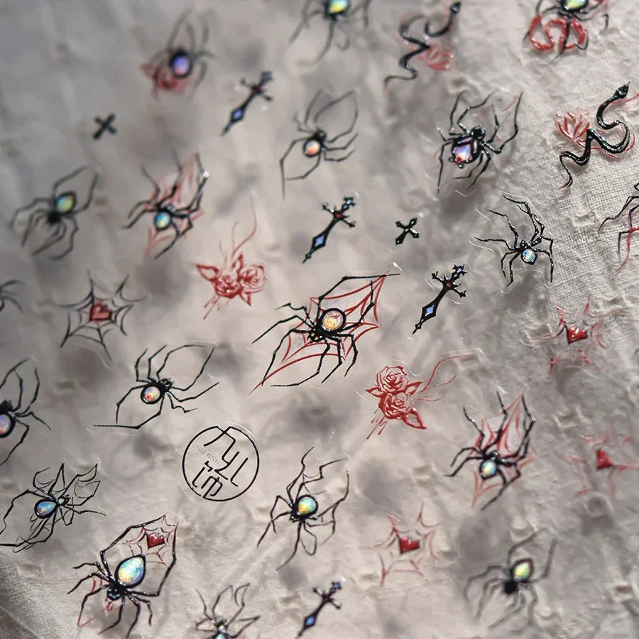 Cat Eye Halloween Terror Spider Cross Rose Love Heart Flower Snake Web Candy Bunny Thrilling Nail Art Stickers Manicure Decals (Online Order Only)