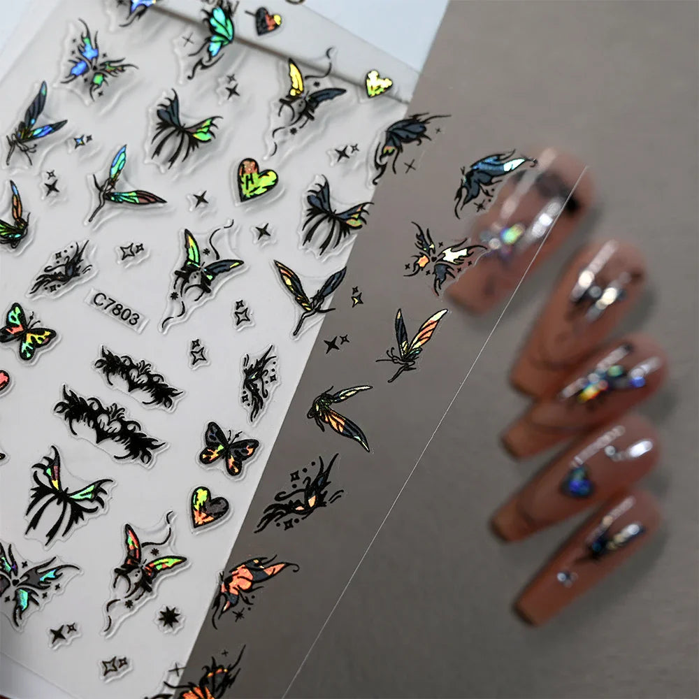 1pcs Butterfly Floral Nail Art Stickers Magic Shell Light Laser Black/White Nail Decoration Butterfly Slider Manicure Ornaments* (Online Order Only)