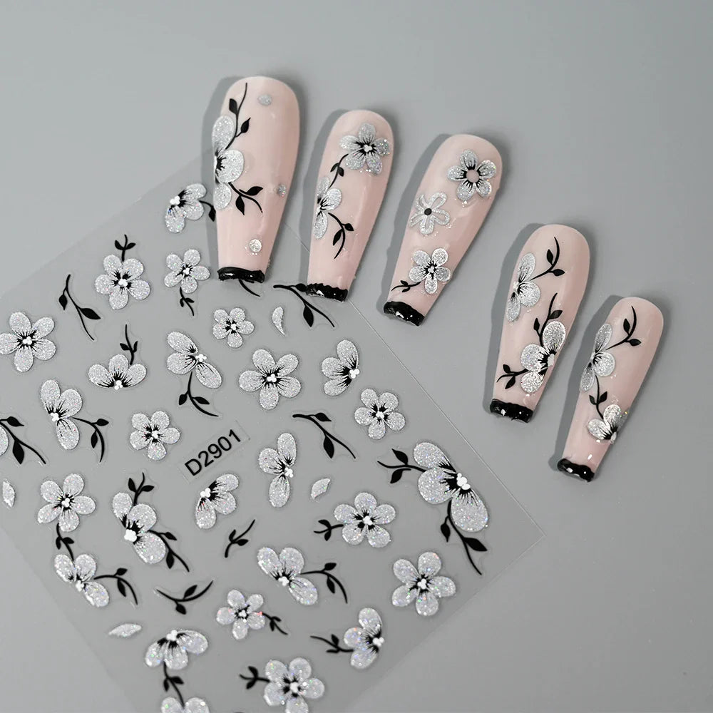 1pcs 5D Floral Nail Art Stickers Acrylic Flowers Decals with Glitter Self-Adhesive Elegant Silver Black Blossoms Theme Nail Art* (ONLINE ORDER ONLY)