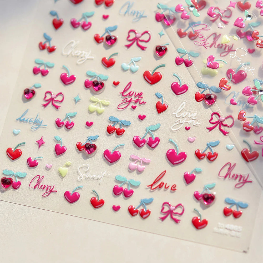 Lovely Pink Red Cherry Fruit Love Heart Star Lucky Letter Bowknot Romantic Adhesive Nail Art Stickers Rhinestone Manicure Decals (Online Order Only)