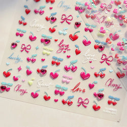 Lovely Pink Red Cherry Fruit Love Heart Star Lucky Letter Bowknot Romantic Adhesive Nail Art Stickers Rhinestone Manicure Decals (Online Order Only)