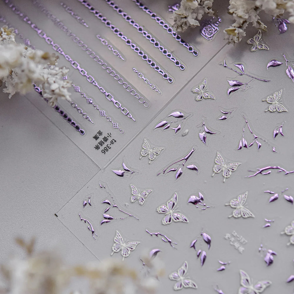 Hot Stamping Purple Line Love Heart Lace Bowknot Chain Branches Star Flower Leaf Butterfly Plant Flower Nail Art Stickers Decals (Online Order Only)