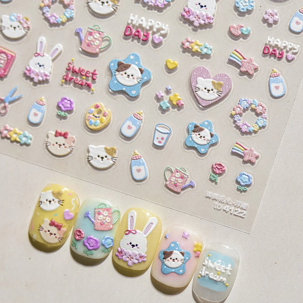 Cream Wind Cat Rabbit Kitten Bunny Bowknot Flower Butterfly Cake Cherry Tulip 5D Self Adhesive Nail Art Stickers Manicure Decals (Online Order Only)