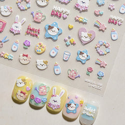 Cream Wind Cat Rabbit Kitten Bunny Bowknot Flower Butterfly Cake Cherry Tulip 5D Self Adhesive Nail Art Stickers Manicure Decals (Online Order Only)