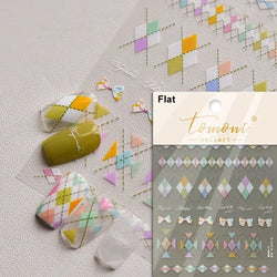 Geometric French Style Colorful Square Grid Rhombus Line Stripe Bowknot 3D Self Adhesive Nail Art Stickers Shiny Manicure Decals (ONLINE ORDER ONLY)