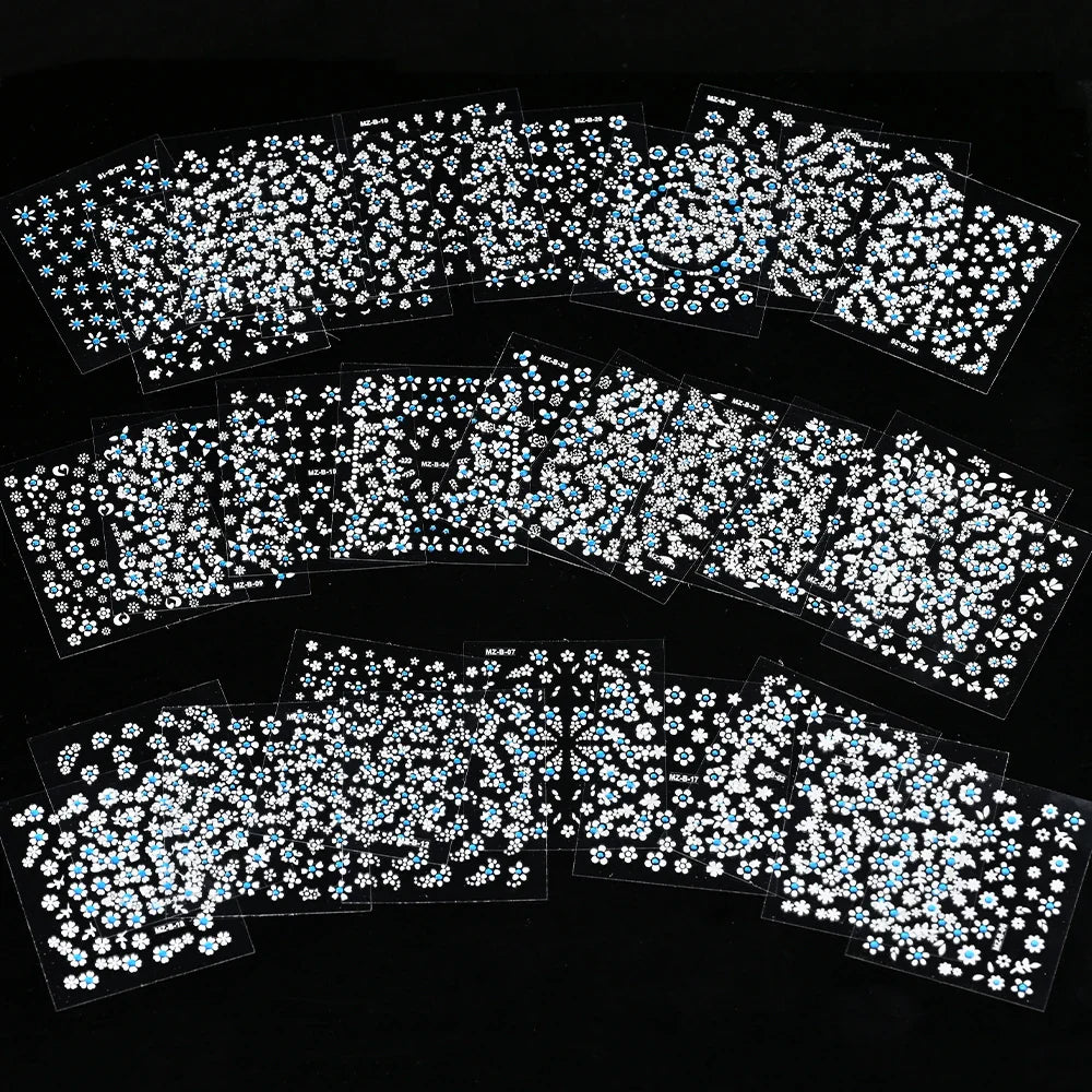 30 Sheet 3D Flower Nail Stickers Decals 6.5*5cm Transparent White Floral Leaf Butterflies Heart Nail Art Adhesive Strip Supplies (ONLINE ORDER ONLY)