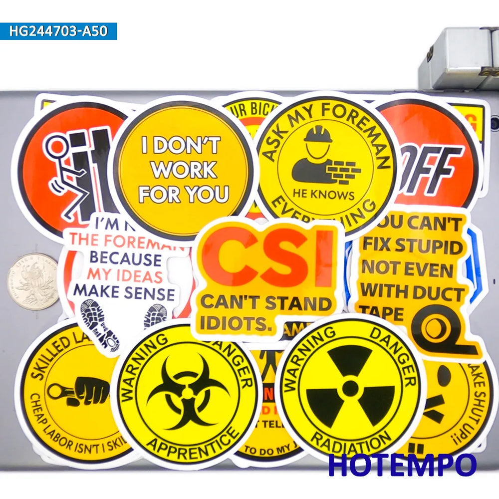 20/30/50Pieces, Warning Stickers, Safety Caution Danger Tips, Humorous Worker Slogan, for DIY Creative Decoration, Funny Sticker (ONLINE ORDER ONLY)