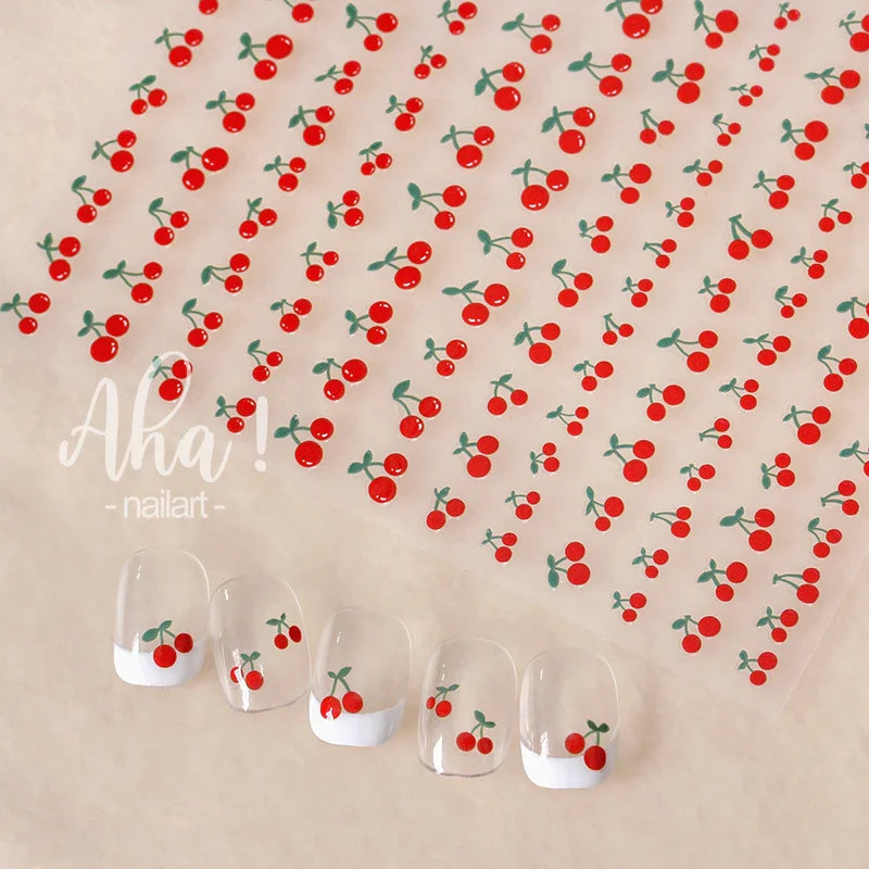 1Pc Sweet Cute Fresh Red Cherry Pattern Nail Stickers Self Adhesive Fruit Design Decals Women & Girls Homemade Manicure Supplies (ONLINE ORDER ONLY)