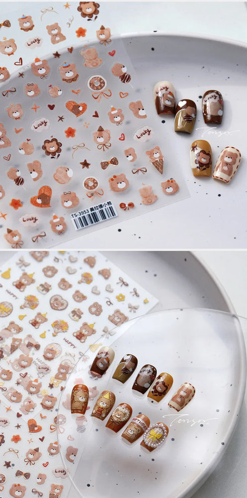 Cute Bear Teddy Birthday Party Maillard Bear Cake Flower Bouquet Lucky Love Heart 5D Adhesive Nail Art Sticker Manicure Decals (Online Order Only)