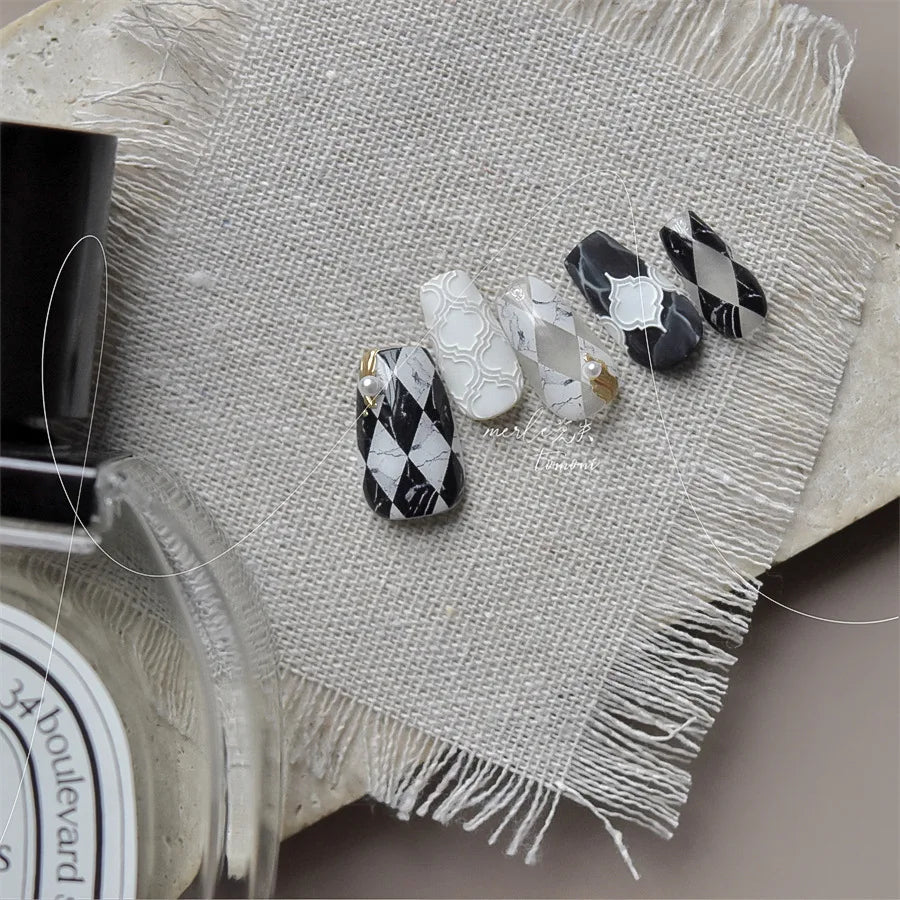 French Style Geometric Black White Square Grid Rhombus Stripe 3D Self Adhesive Nail Art Stickers Shiny Rhinestone Manicure Decal (ONLINE ORDER ONLY)