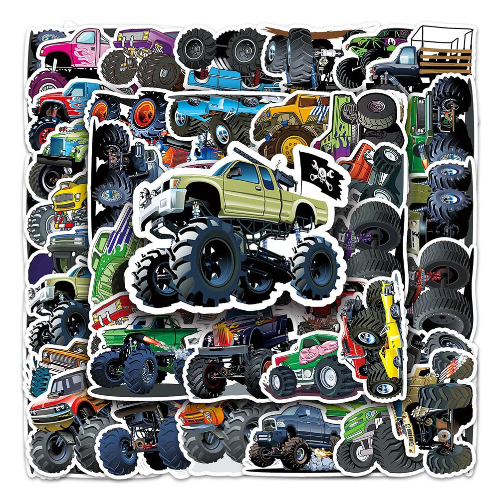 Monster Truck Race Cartoon Car Stickers for Kids - Laptop, Luggage, Skateboard Decals (10/30/50PCS) (ONLINE ORDER ONLY)