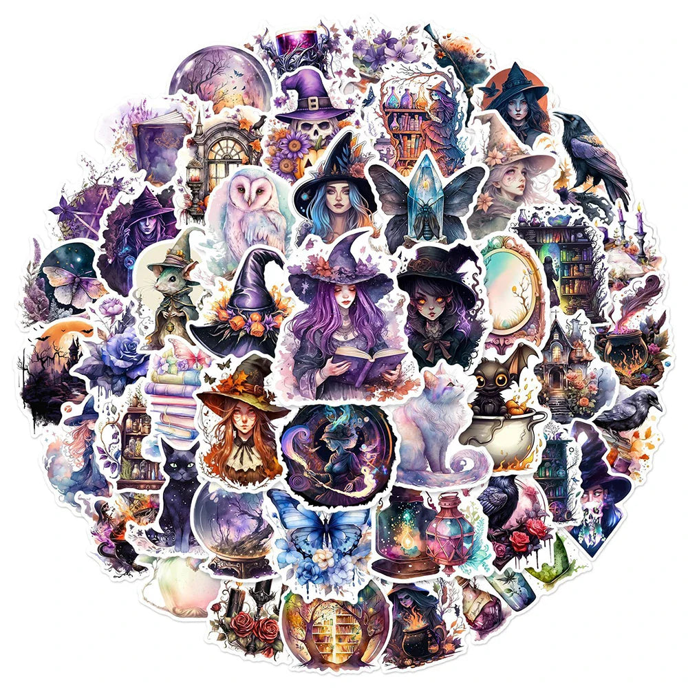 10/30/50pcs Gothic Magic Witch Cartoon Waterproof Stickers Halloween Horror Aesthetic Decals Car Laptop Cool Graffiti Sticker (ONLINE ORDER ONLY)